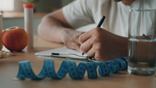 Close Up Male Nutritionist Unrecognizable Man Sport Fitness Trainer Sitting at Table Writing
