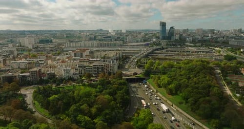 Wide Drone Aerial View Flying Above Buildings Roofs