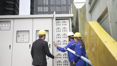 Engineers Inspecting Industrial Electrical Panel with Buttons