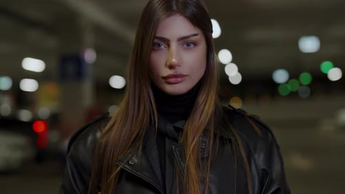 Stylish woman poses in a parking garage