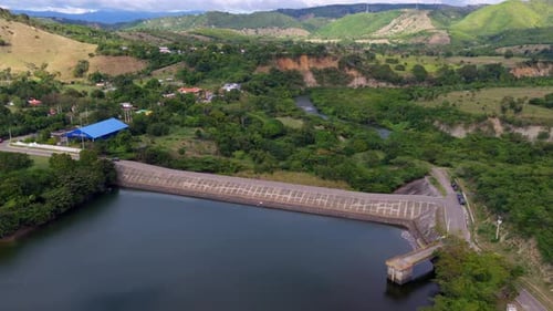 Aerial drone view of the Lopez Angostura dam wall in Santiago, Dominican Republic