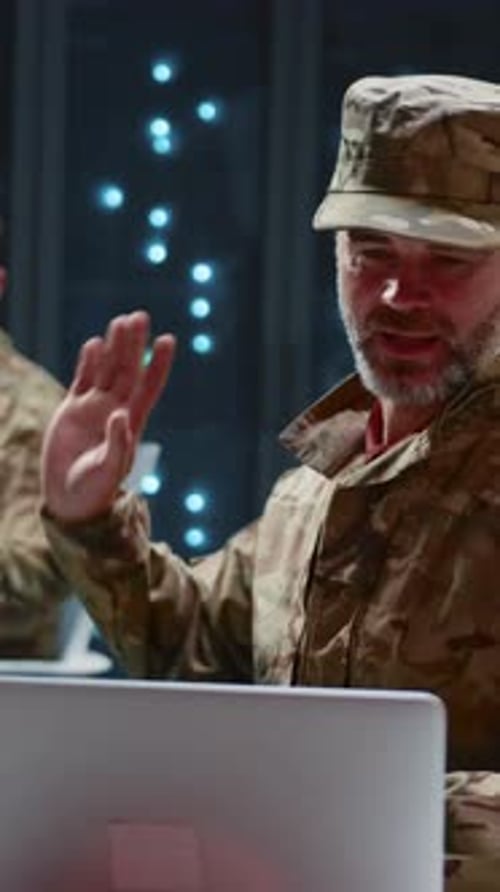 Couple of Military Men Collaborating on Cyberspace National Security Office Soldier Making Mistake