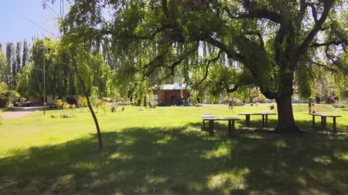 View through a tree to a summer residence on a calm sunny day with a blue sky, Black river, Patagoni