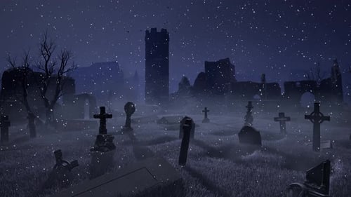 An old abandoned cemetery with empty graves next to ancient ruins. Halloween. 3D rendering.