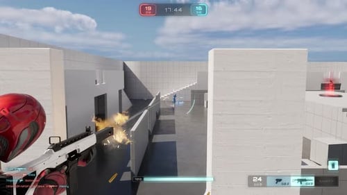 Gameplay in Third Person Shooter Videogame with Androids Fighting in Arena