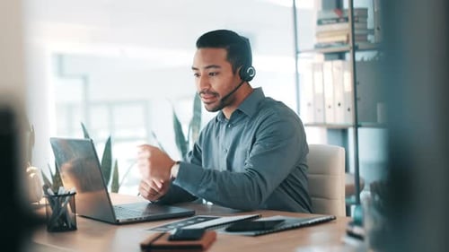 Receptionist, consulting and laptop with business man in office for customer service