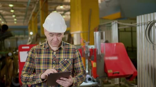 Engineer Asian Man Worker Heavy Industry Plant Factory Tablet Pipe Manufacture Machinery