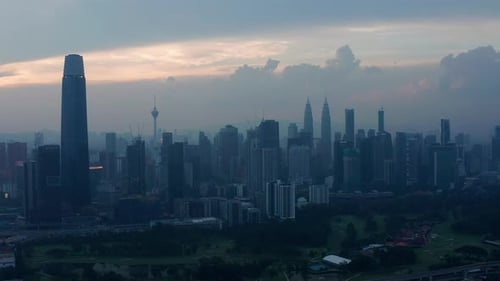 Kuala Lumpur city skyline sunset aerial view, Malaysia