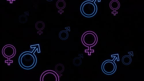 Fondo de animación en bucle de partículas con símbolos de neón para hombre y mujer