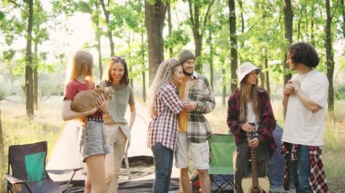 A Group of Cheerful Friends Tourists are Relaxing in a Green Forest with Tents an Acoustic Guitar