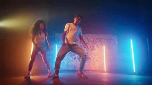 Eclectic Dance Show Two Black Dancers Moving in Dance Studio Together Portrait Attractive Slender