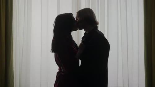 Romantic Couple Embrace and Kiss in Front of Window