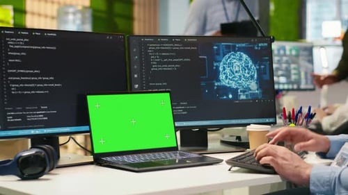Admin in Office Uses Isolated Screen Laptop Automating Repetitive Tasks with AI