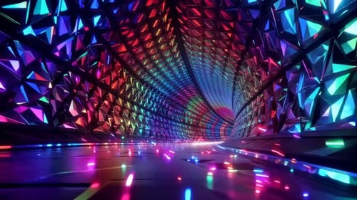Abstract 3D Geometric Tunnel Loop with Vibrant Rainbow Neon