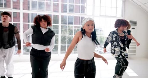 Art, hip hop and music with people in dance studio for choreography, rehearsal or training together