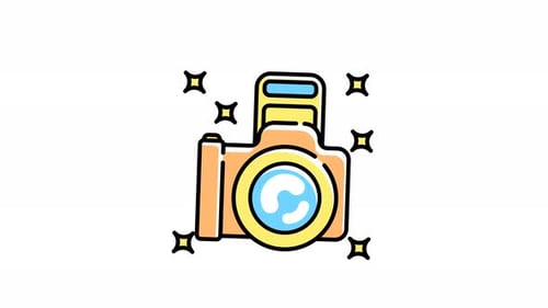 Cute cartoon camera with sparkles icon animation video