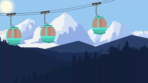 Animated Flat Design Cable Cars Traveling Over Snowy Mountains
