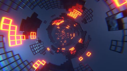 Blue And Orange Sci Fi Tunnel Elements Neon Grid Background VJ Loop l 4K