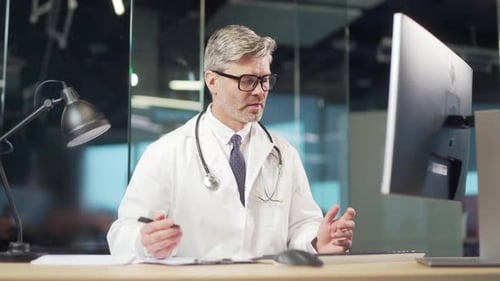 Porträt eines reifen Arztes, Online-Beratung mit einem Patienten per Videoanruf, der im Krankenhaus spricht, verschreibt