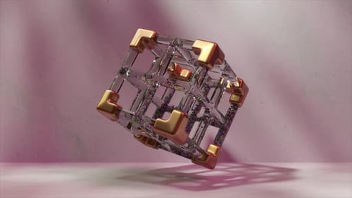 Cubo de roxo e vidro animado em 3D projetando sombras em uma superfície texturizada, partículas contidas em