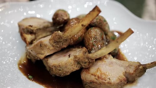 Close Up of Roasted Meat on Plate with Potatoes