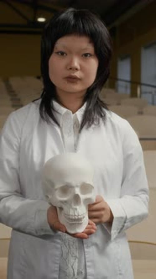 Porträt einer asiatischen Medizinstudentin, die am College mit Schädel posiert