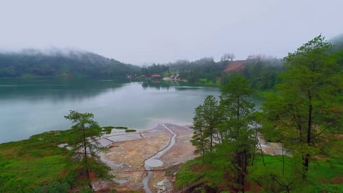 View of Lake Linao in the morning in fog