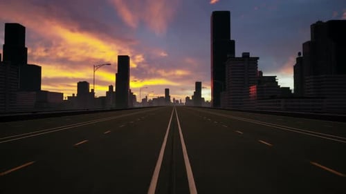 Forward Drive on a Highway towards Modern City at Sunset