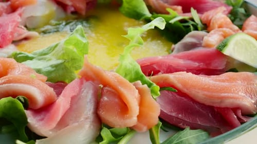 Fresh Sashimi Salad with Tuna and Salmon Close-up