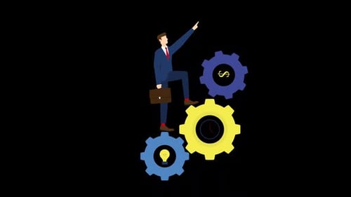 Animated Flat Design Businessman Climbing Gears for Business Success
