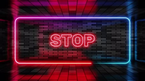 Neonschild, Stopp im Sprechblasenrahmen auf Backsteinmauerhintergrund, 3D-Rendering. Lichtbanner an der Wand