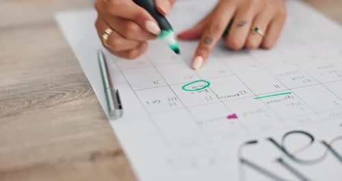 Person, hand and calendar or circle planner for event date or meeting for schedule