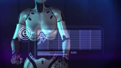 Ein Android überwacht Euro-Kurse auf einem virtuellen Panel