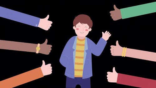 Animated Person Waving with Diverse Thumbs Up Approval