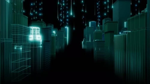 Futuristic Wireframe City Flythrough with Falling Digital Data