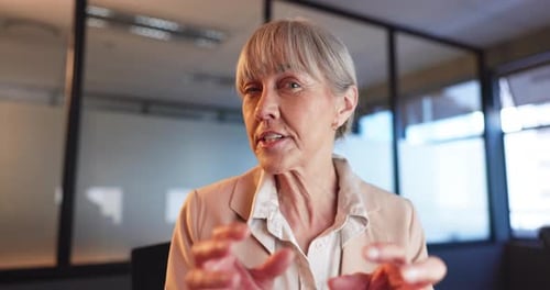 Video call, conversation and senior woman in the office for legal webinar