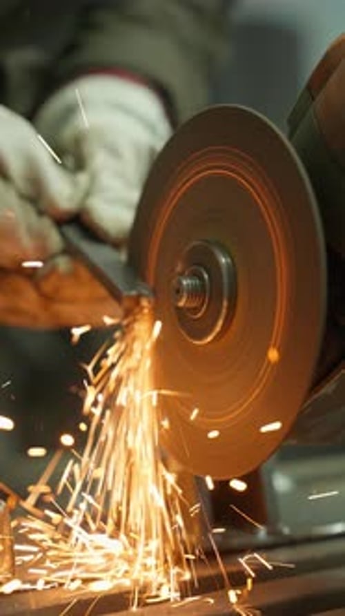 Arbeiter schneidet Metall mit einer Schleifmaschine und erzeugt helle Funken. Konzept zur Herstellung von Metallteilen