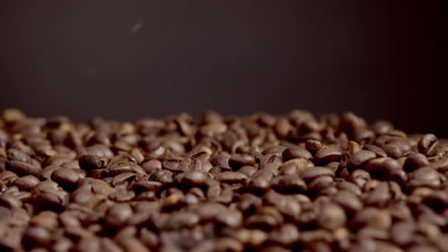 Roasted coffee beans falling in slow motion