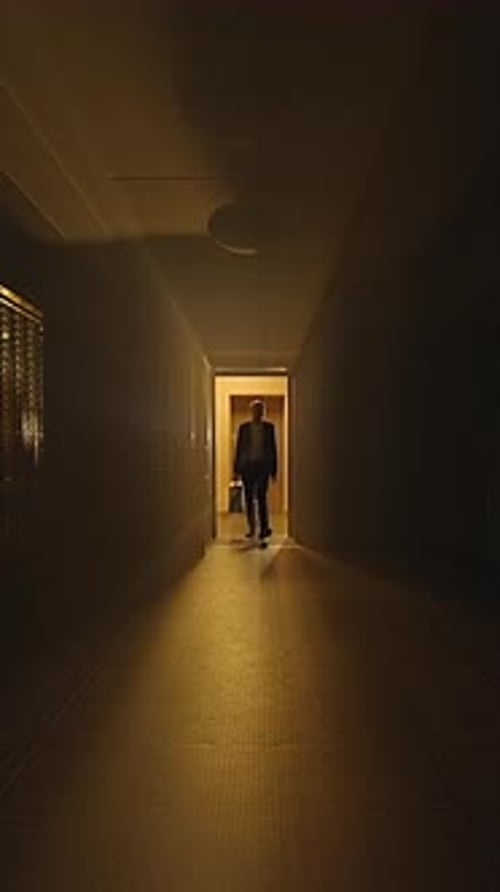 Walking in golden lit hallway