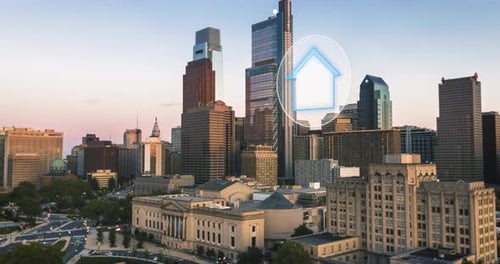 Smart home office technology theme in urban city setting. Remote control gadgets with phone. Motion