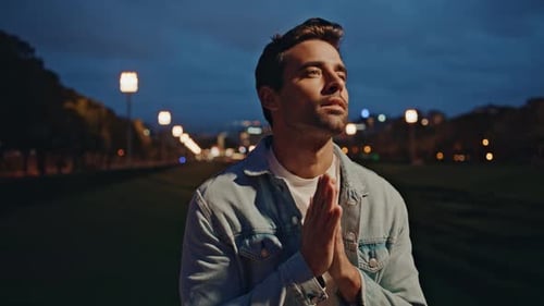 Romantic Guy Waiting Date at Evening Park Close Up Man Standing in Dark City