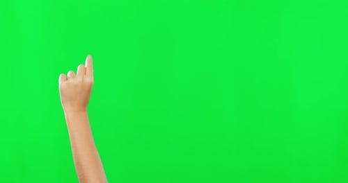 Person, hands and pointing on green screen for advertising against a studio background with mockup