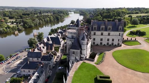Drone shot of Chateau d'Amboise in Amboise, Loire Valley, France