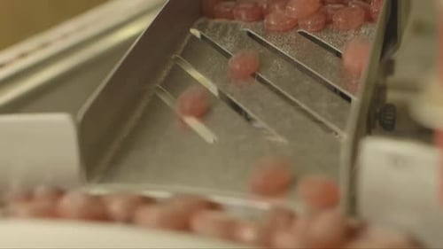 Pink Candies Moving on a Manufacturing Machine