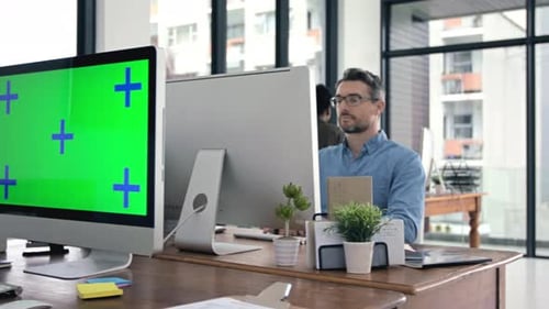 Green screen, mock up or chroma key on computer with tracking markers for business website