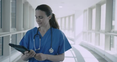 Female Nurse with Medical Tablet Walking in Hospital
