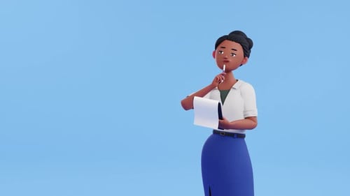 Woman character animation. Lady holding notepad and pen, writing, thinking. Brainstorming