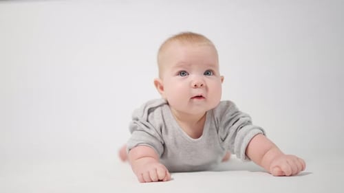 Portrait of a baby. A baby lying on his stomach in close-up against a white background