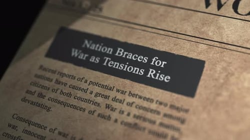 Flight over various war headlines of an old vintage newspaper in editorial archive