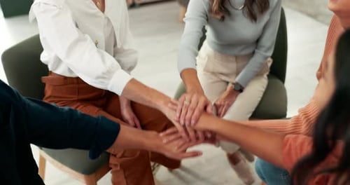 Therapy, circle and hands of people for counseling, community and meeting for wellness